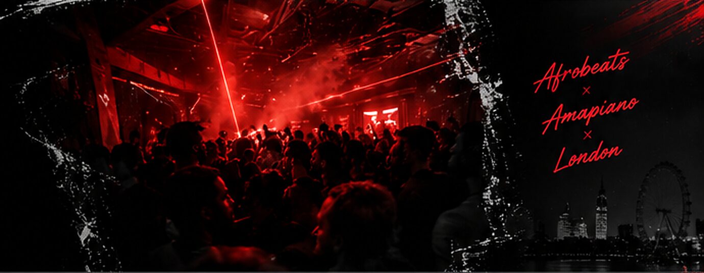 Red lasers over a packed dancefloor, with the London skyline — Afrobeats × Amapiano × London